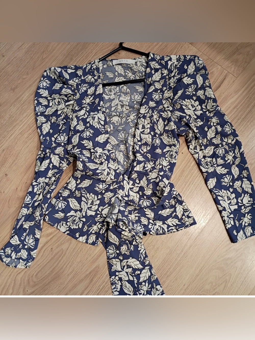 Astr Navy Floral Wrap Top with Cream Print